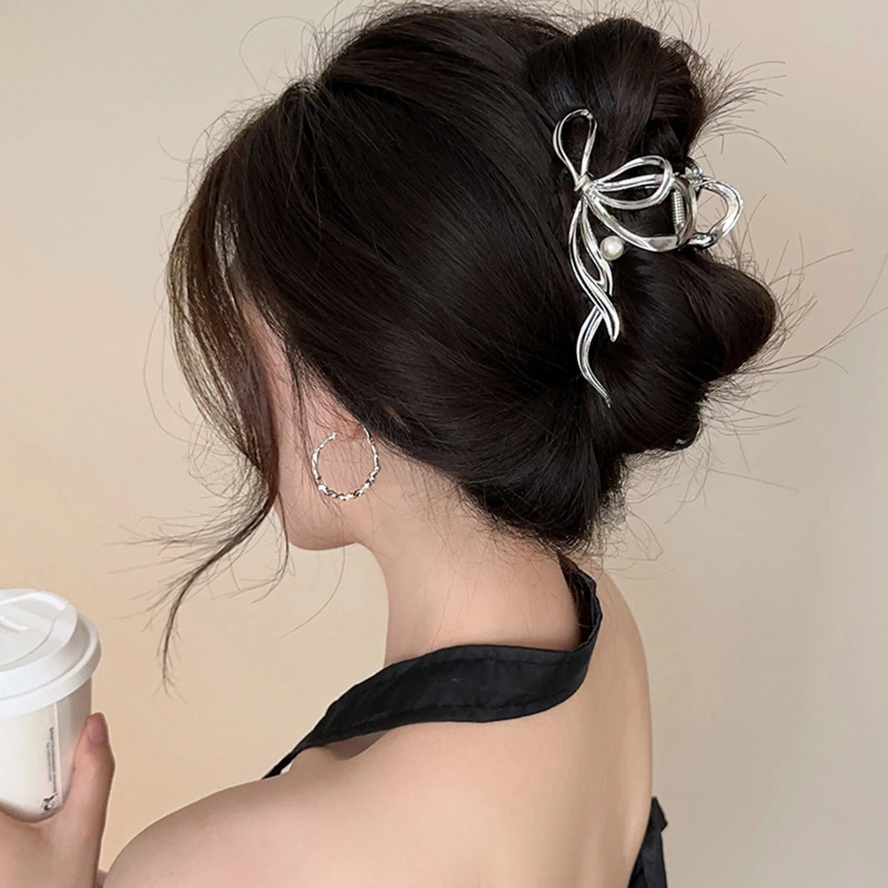 Bridal Hair Claw Clip Pearl Bow Ornament Wedding Party Accessory Elegant Metal Large Jaw Clip for Wo