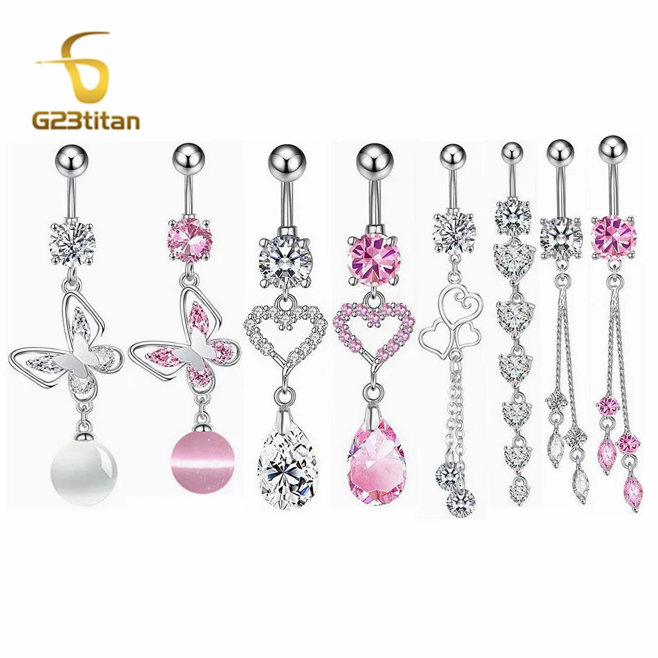 Long Belly Button Rings for Women 14G Titanium Bar Butterfly Heart Charms Dangle Navel Piercing Jewe