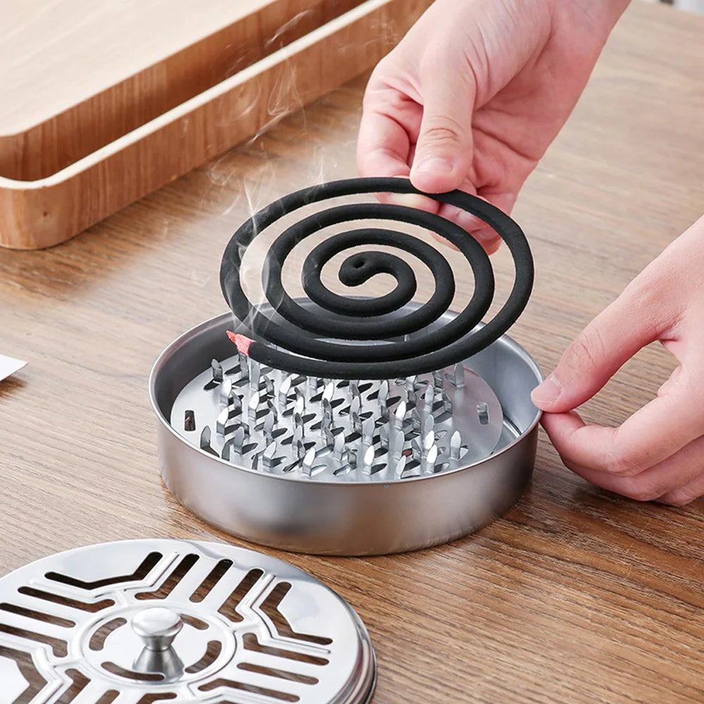 Mosquito Coils Holder Stainless Steel Mosquito Coil Box with Cover | Round Mosquito Coil Tray Easy T