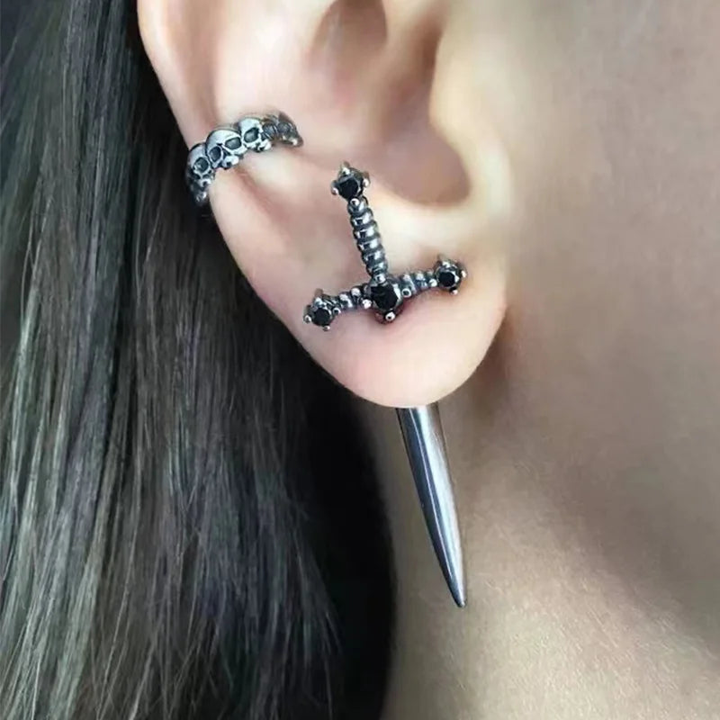 Gothic Kinitial Sword Earrings Vintage Cool Punk Crystal Ear Jacket Goth Dagger Earrings Jewelry Gif