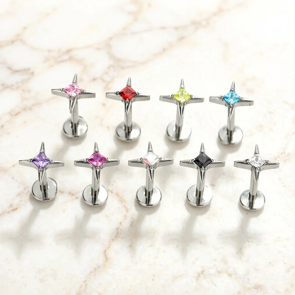 G23 Titanium 16G CZ Square Star Labret Tragus Helix Cartilage Flat Back Earring Nose Stud Medusa Pie