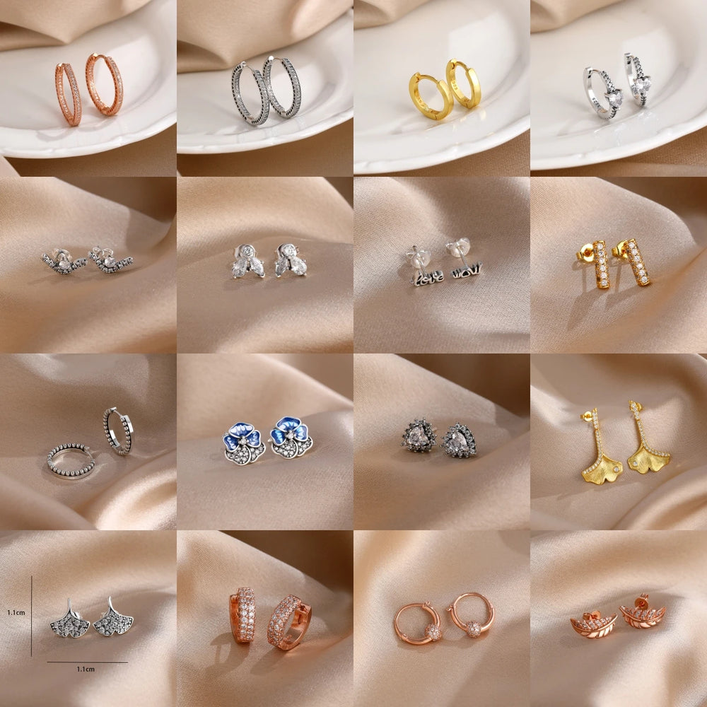2026 New Fashion Hoop Earrings Set for Women | Ginkgo Leaf Enamel Flower Stud, Cute Crown Heart Zirc