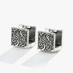 Vintage Ethnic Thai Silver Square Hoop Huggie Earrings for Women Men Chic Pattern Square Earring Hip Hop Rock Rap Cool Jewelry
