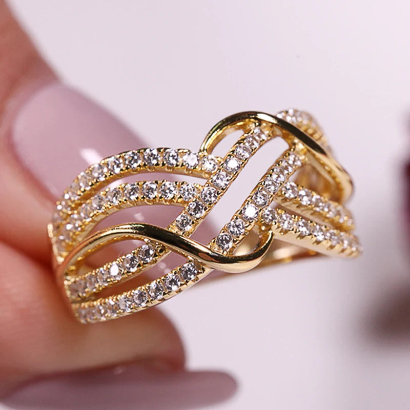 Huitan Hot Trendy Cross Rings Women Wedding Bands Accessories with Dazzling CZ Twist Modern Fashion