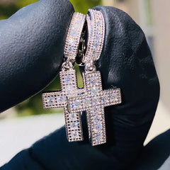 Huitan Dazzling Cross Pendant Earrings for Unisex Stylish Male Hiphop Accessories with Bright Zircon