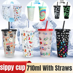 710ml Reusable with Straws Creative Water Cups Changing Colour Cup Magical Plastic Cold Water Color