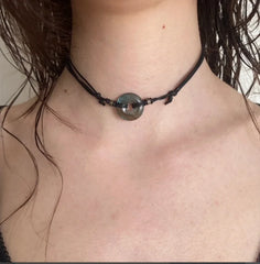 Amethyst Choker, Black Adjustable Necklace on Cotton Cord, Gemstone Gift for A Gothic close-up view