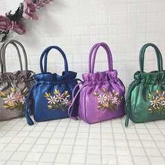 Small Embroidered Flower Bucket Bag | Women's Top Handle Drawstring Purse close-up view