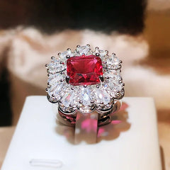 Fashion Red Zircon Paraiba Ring 925 Silver Simple Geometry Zircon Ring For Women Party close-up view