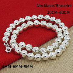 925 Sterling Silver Round Bead Chain Necklace 4/6/8mm Smooth Ball Beads 40-60CM Choker Necklaces for