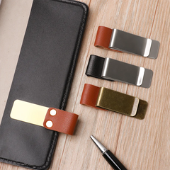 Handmade Leather Brass Stainless Steel Pen Holder Clip Journal Notebook Paper Folder alternate view