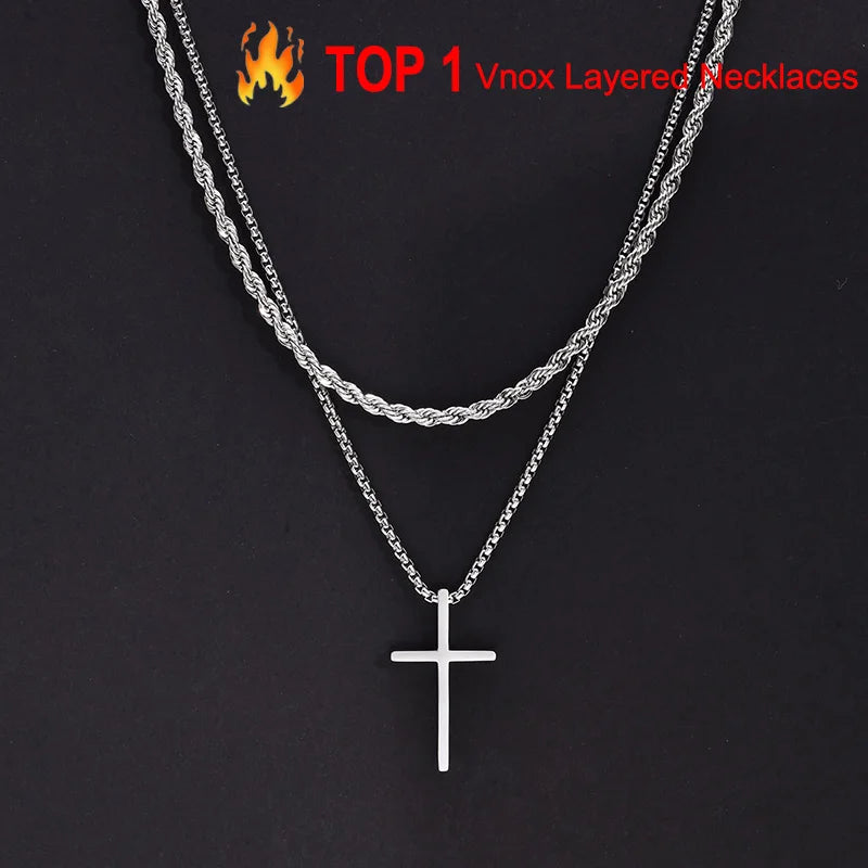 Men's Stainless Steel Layered Cross Necklace | Simple Prayer Pendant with Rope Box Chain