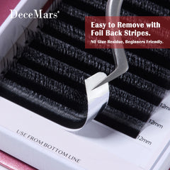 DeceMars V-Shaped 3D Eyelash Extensions | Matte Black 12 Rows Tray close-up view