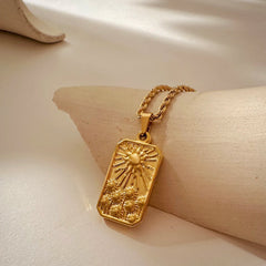 Vintage Gold Pendant Necklace | Hammered Moon Star Stainless Steel Jewelry detail view
