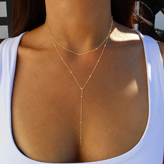 Yupsk Sliver Gold Color Double Layered Long Tassel Chain Necklaces for Women Simple Metal Bead Choker Necklace Fashion Jewelry