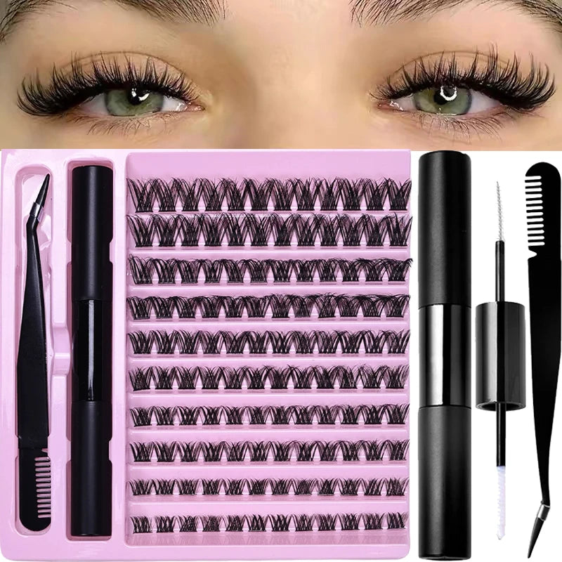 DIY Eyelash Extension Kit Lash Clusters D Curl with Bond and Seal Lash Tweezers Individual Lashes fo