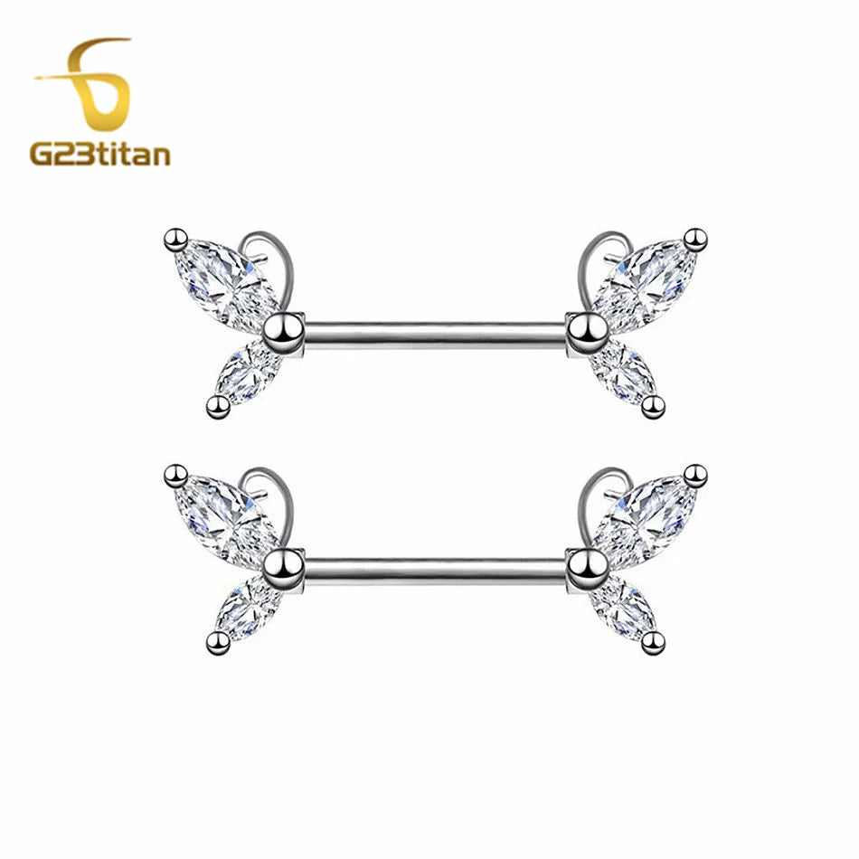 2pc Bohemia Silver Color Zircon Butterfly Nipple Rings G23 Titanium Straight Rod Boys Girls Summer B