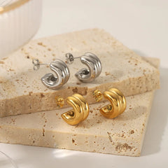 CARLIDANA Connected Double Ring CC Shape Gold Earrings | Stainless Steel PVD Gold Pla alternate view