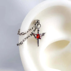 Stainless Steel Red Zircon Wing Chain Piercing Earring for Women Men Gothic Silver Co alternate view