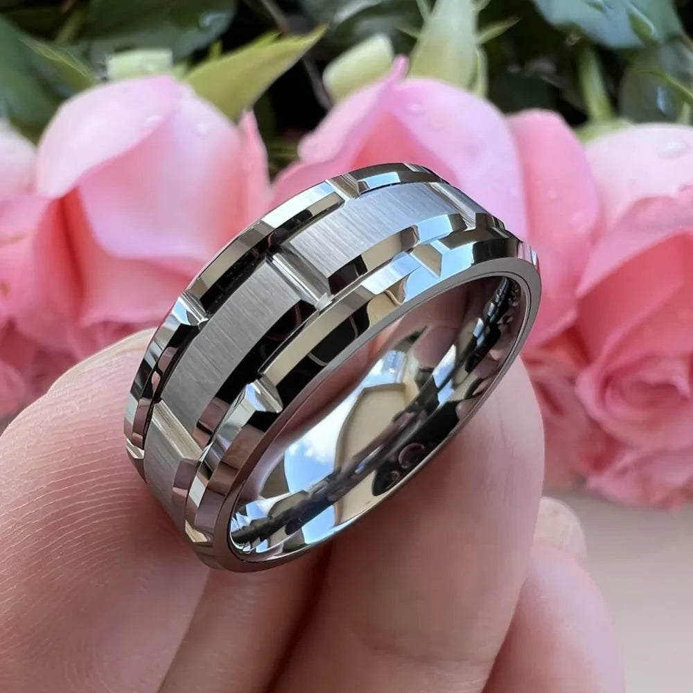 8MM Simple Silver Color Matte Men's Jewelry Groove Stainless Steel Rings Women Wedding Band Party Je
