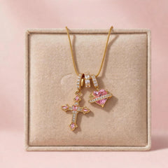Heart Cross Pendant Necklace for Women Stainless Steel Necklace 14K Gold Plated Snake Chain Necklace