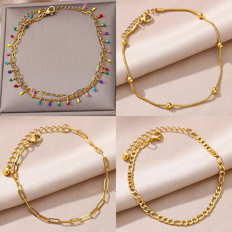 Colorful Boho Drops Anklets For Women Gold Color Stainless Steel Geometric Anklet Luxury Wedding Aes