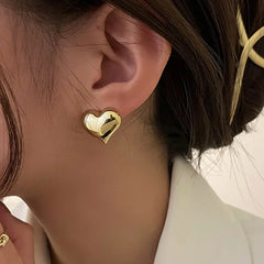 Gold Color Smooth Surface Love Heart Shaped Stud Earrings Women Minimalist Fashion Girl Wedding Brid