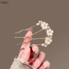 〔YS1〕Elegant Pearl Flower Hair Combs Pins French Retro Bun Hair Accessories Women Daily U-shaped Hairpin Female Alloy Hair Clasp