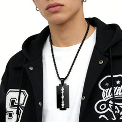 Gothic Blade Razor Pendant Necklace | Stainless Steel Black Goth Men's Chain alternate view