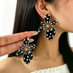 Pearl Flower Earrings Black Shaped Dangle Drop White Faux Polka Dot Gold Tone Details alternate view