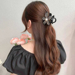 Fashion Shiny Rhinestone Flower Hair Claw Clip Headwear Elegant Black Ponytail Shark Clip Hairgrips For Ladies Hair Accessories