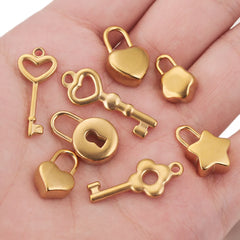 5pcs Stainless Steel Heart Lock Key Gold Plated Love Pendant Punk Hip Hop for DIY Neck close-up view