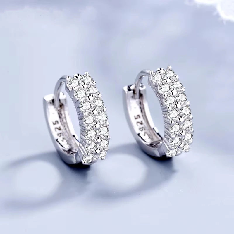 925 Sterling silver elegant Double row crystal Round Earrings Stud for women Fashion Wedding accesso