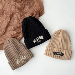 Boston Knitted Baby Hat with Letter Design | Winter Ear Protection Cap close-up view