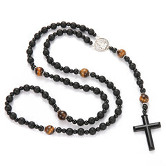Lava Stone Black Obsidian Yellow Tiger-eye Beads Cross Pendant Y Necklace for Men