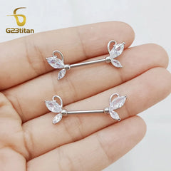 2pc Bohemia Silver Color Zircon Butterfly Nipple Rings G23 Titanium Straight Rod Boys close-up view