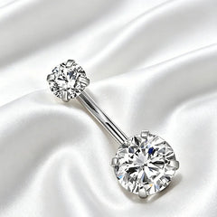 Silver Round 4-Prong Cubic Zirconia Navel Ring, 5*8mm CZ Inlaid Belly Piercing Jewelry N detail view