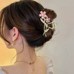 Shiny Rhinestone Pearl Sakura Hair Clip Women's Back of Head Flower Hair Claw Elegant Large Metal Sh