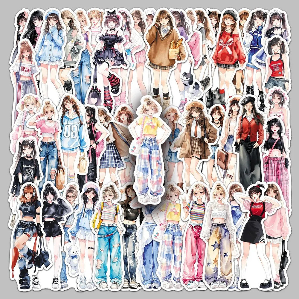 50PCS Unique Fashion Sticker Set - Trendy Clothing Matching Cartoon Decals for Scrapbooking, Compute