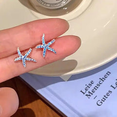 1Pair Fashionable Summer Blue Full Diamond Starfish Ear Studs Sweet Small Stud Earrings detail view