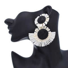 Black And White Raffia Fan Dangle Earrings | Bohemian Tribal Handmade Jewelry detail view