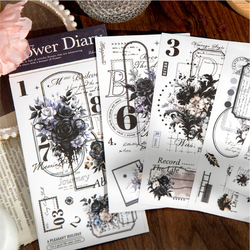6pcs Flower Shadow Decorative Stickers | Vintage Plant Collage for Scrapbooking and Journaling