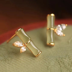 Vintage Ethnic Style Imitation Jade Bamboo Crystal Stud Earrings Women Temperament Ch alternate view