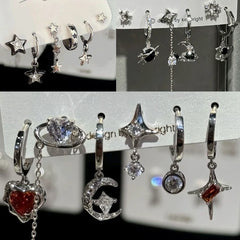 6PCS Goth Punk Vintage Aesthetic Crystal Heart Moon Cross Star Pendant Earrings Set | Grunge Y2K Jew