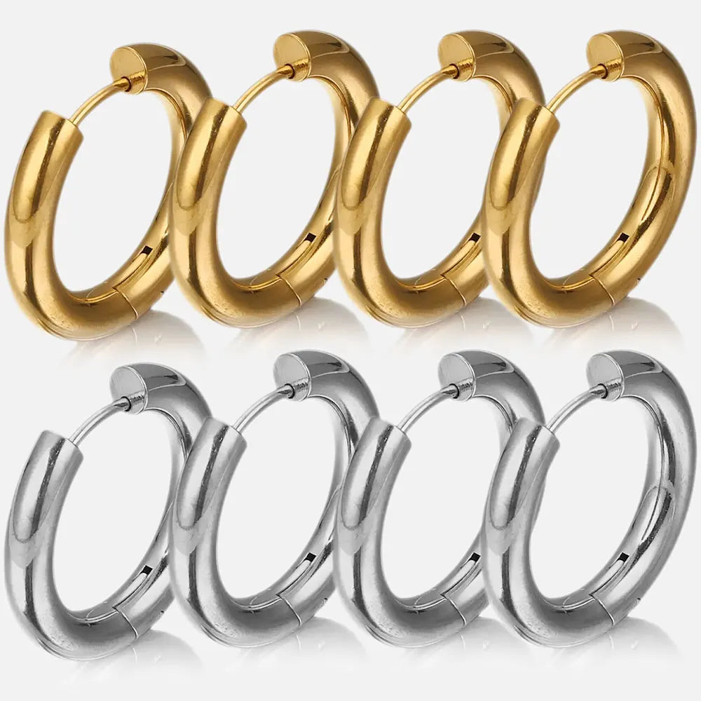 6pcs Stainless Steel 4mm Thick Earrings Gold Plated Large Round Korean Ear Rings Hoop Earring for Wo