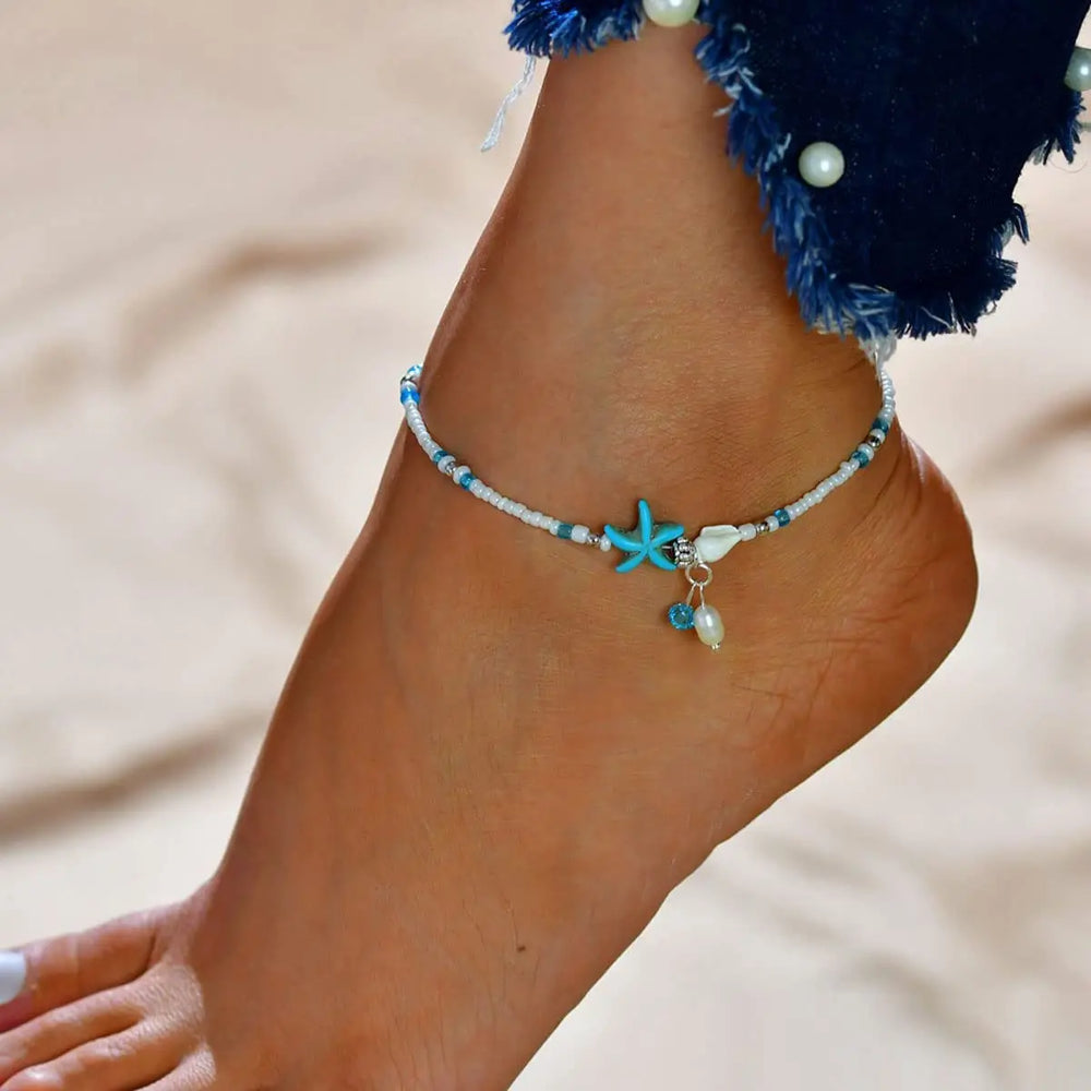 1Pc Boho Turquoise Starfish Anklets Summer Conch Rice Bead Anklet With Adjustable Chain Foot Jewelry