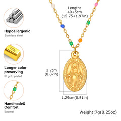 Bohemian Colored Virgin Oval Necklace | Gold Plated Stainless Steel Rosary Chain close-up view