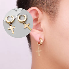 2pc Stainless Steel Men Cross Stars Punk Dangle Earrings Gothic Woman Cross Ear Hoop E close-up view