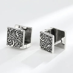 Vintage Ethnic Thai Silver Square Hoop Huggie Earrings for Women Men Chic Pattern Square Earring Hip Hop Rock Rap Cool Jewelry