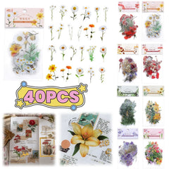 40 Pcs/set Plant Flower Stickers Decorative Green Leaves Retro Plant Manual Scrapbook DIY Label Diary Stationery Album Crafts